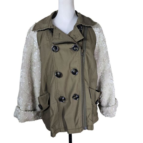 ANTHROPOLOGIE Hei Hei Sequin Sleeve Jacket Sz L Army Green Swing Double Breasted - Picture 2 of 13
